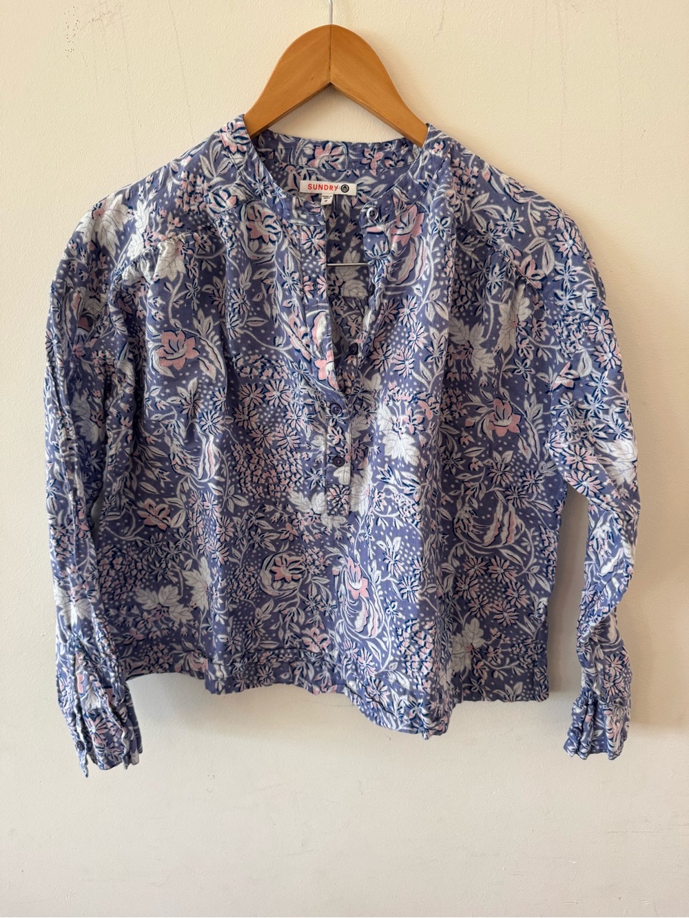 Sundry Lavender Blue Floral Long-Sleeve Cotton Blouse, Size 0 / Small